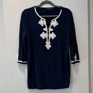 Jones New York Navy Blue Tunic with White Embroidery